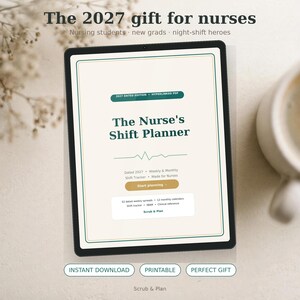 May include: A digital tablet displaying a 2027 nurse's shift planner with a cream background, dark green text, and a heartbeat line graphic. The screen shows text including The Nurse's Shift Planner, 52 dated weekly spreads, and 12 monthly calendars.