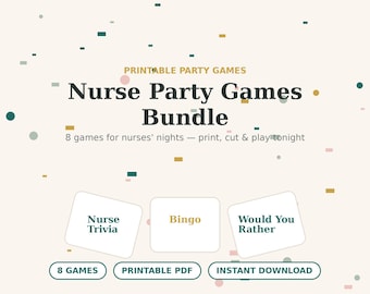 May include: A printable party games bundle for nurses featuring the text Nurse Party Games Bundle, 8 games for nurses' nights — print, cut & play tonight, Nurse Trivia, Bingo, Would You Rather, 8 GAMES, PRINTABLE PDF, INSTANT DOWNLOAD, Scrub & Plan.