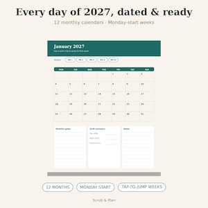May include: A digital 2027 monthly calendar planner with a Monday-start week layout. The interface features a dark green header, a grid for January 2027, and sections for monthly goals, shift summaries, and notes. Text includes Every day of 2027.