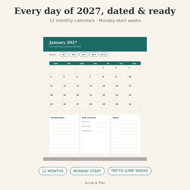 May include: A digital 2027 monthly calendar planner with a Monday-start week layout. The interface features a dark green header, a grid for January 2027, and sections for monthly goals, shift summaries, and notes. Text includes Every day of 2027.