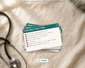 May include: A set of 12 Nurse Badge Buddy clinical reference cards featuring a dark green header and white background. The top card displays Code Blue instructions, including steps for compressions and oxygen. A black stethoscope is visible nearby.