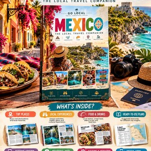 以下が含まれることがあります： 「Mexico: The Local Travel Companion」というタイトルの旅行ガイドブック。ビーチの風景、麦わら帽子をかぶった人物が描かれたカラフルな表紙で、中には食べ物、文化、旅行日程の詳細、地図、写真が掲載されています。