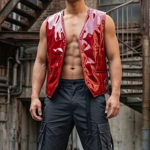 May include: A sleeveless waistcoat made of a glossy, patent red material featuring a V-neckline and a front button closure. The waistcoat is worn over dark grey cargo trousers with visible side pockets and a long fabric belt strap hanging from the waist.