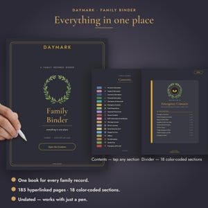 Classeur familial Daymark, classeur d'urgence pour GoodNotes, agenda iPad avec liens hypertextes et mode sombre, organiseur de documents familiaux non datés