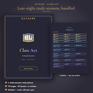 Peut inclure: Un planificateur d'études numérique intitulé Daymark Class Act avec un fond sombre et du texte doré. L'interface affiche une icône de livre, une page de contenu avec divers outils d'étude et 119 pages, 29 mises en page et 4 variantes.
