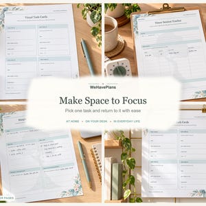 May include: A collection of printable planner pages featuring a light blue and floral design. The sheets include sections for Visual Task Cards, a Timer Session Tracker, and daily task lists with text reading WeHavePlans Make Space to Focus.