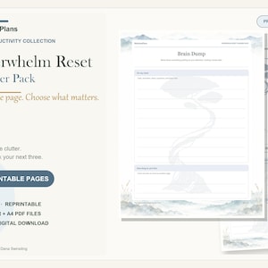 May include: A digital planner pack titled WeHavePlans Overwhelm Reset Planner Pack featuring 12 printable pages. The document includes a Brain Dump template with lined sections, soft blue watercolour tree illustrations, and text headers.
