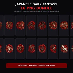 Può includere: Un pacchetto digitale contenente 16 file PNG intitolati Japanese Dark Fantasy. La collezione presenta varie illustrazioni in rosso e nero di creature mitiche, samurai e motivi tradizionali, presentati come singoli disegni grafici.