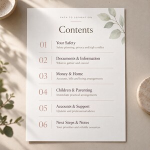 May include: A white document titled Path to Separation Contents with six numbered sections: 01 Your Safety, 02 Documents & Information, 03 Money & Home, 04 Children & Parenting, 05 Accounts & Support, and 06 Next Steps & Notes, featuring green leaf illustrations.
