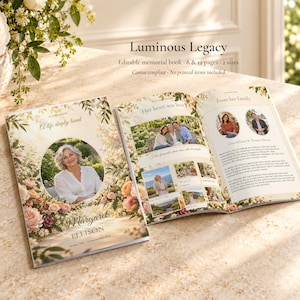 Op de afbeelding: Een bewerkbaar herdenkingsboek Canva-sjabloon getiteld Luminous Legacy, met bloemmotieven, fotoplaatsaanduidingen en tekstvelden voor namen en datums. De lay-out bevat een omslag en binnenpagina's voor persoonlijke herinneringen en foto's.