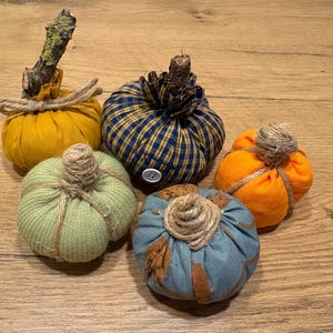 Op de afbeelding: Een verzameling van vijf stoffen pompoenen in verschillende kleuren en texturen. Eén is mosterdgeel met een takje als steel, één is blauw-geel geruit met een witte knoop, één is saliegroen gebreid, één is feloranje en één is blauw met bruine patronen.