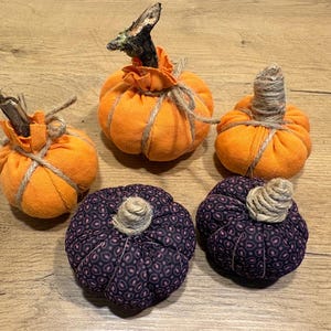 Op de afbeelding: Een set van vijf stoffen pompoenen, waaronder drie effen oranje pompoenen met steeltjes van touw of natuurlijk hout en twee donkerpaarse pompoenen met een herhalend zwart patroon en steeltjes van omwikkeld touw.