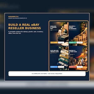 May include: A digital business kit titled MARGINMETTLE COMPLETE EBAY RESELLER BUSINESS KIT #35. The graphic features the text BUILD A REAL EBAY RESELLER BUSINESS and 8 complete systems for startup, growth, cash, inventory, offers, time and risk.