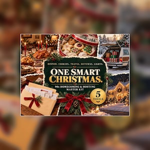 May include: A collage featuring a holiday dinner, a tin of cookies, a station wagon with gifts, and a house with lights. The central text reads ONE SMART CHRISTMAS. 90S HOMECOMING & HOSTING MASTER KIT, with a gold badge stating 5 TOOLS.