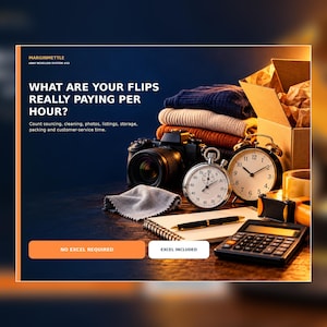 May include: A digital graphic featuring the text MARGINMETTLE EBAY RESELLER SYSTEM #32, WHAT ARE YOUR FLIPS REALLY PAYING PER HOUR?, NO EXCEL REQUIRED, and EXCEL INCLUDED. Items include a camera, folded sweaters, a stopwatch, clock, and calculator.