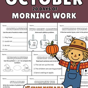 Werkbladen voor de ochtend in oktober voor groep 2, wiskunde- en taalwerkbladen voor de herfst, dagelijkse printbare werkbladen, ochtendwerk voor Halloween, 20 dagen, werkbladen voor groep 2