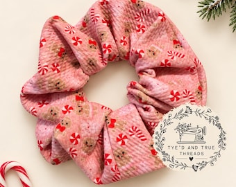 Pink Gingerbread Scrunchie with Candy Canes, Handmade Christmas Hair Tie