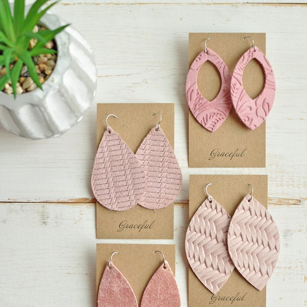 Pink Leather Earrings - Various Sizes and Shapes - Various Textures
