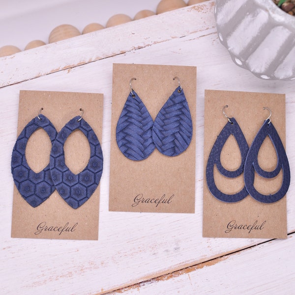 Blue Leather Earrings - Navy Leather Earrings - Various Shapes and Sizes