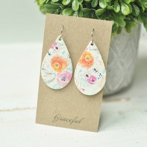 Watercolor Floral Leather Earrings - Cork Leather -  serious Shapes and Sizes