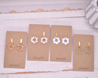 Dainty Flower Earrings - Leather Earrings - Dangle - Gold - Silver