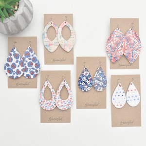 Red, White and Blue Leather and Cork Teardrop Earrings, Handmade, Stars, Patriotic Earrings, USA Earrings