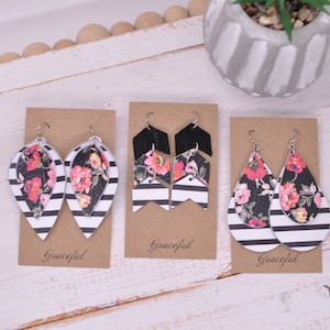Floral and Stripes Leather Earrings - Floral Earrings - Striped Earrings
