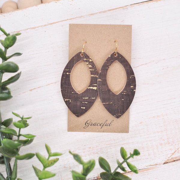 Brown Cork Earrings with Gold Specs - Chocolate Brown - Leather Earrings - Cork Earrings
