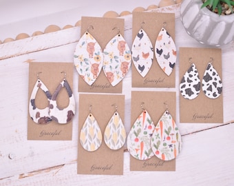 Homestead Earrings - Vegetable Earrings - Cow Earrings - Chicken Earrings - Leather Earrings - Lightweight Earrings - Garden Earrings