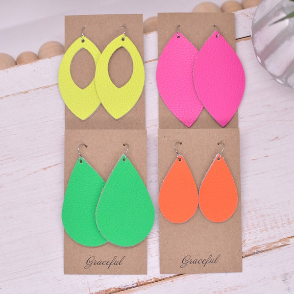 Neon Leather Earrings - Neon Pink Earrings - Neon Yellow Earrings - Neon Green Earrings