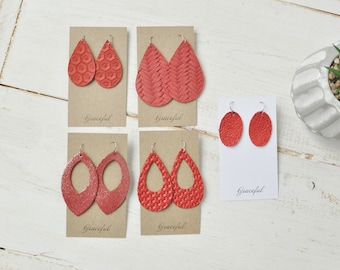 Red Leather Earrings - Various Textures and Shapes