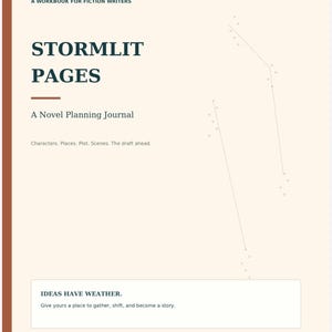 May include: A cream-coloured workbook for fiction writers titled Stormlit Pages, A Novel Planning Journal. The cover features dark blue text, a rust-coloured vertical line, and small dot constellations. It includes 22 pages, US letter size.