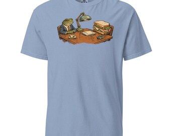 Funny Frog Office T-Shirt, Frog and Giant Sandwich Tee, Storybook Illustration (Comfort Colors)
