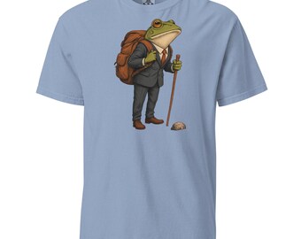 Funny Frog Hiking T-Shirt, Hiker Gift, Frog with Backpack Tee, Storybook Illustration (Comfort Colors)