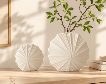 Ivory Shell Ceramic Vase, Pleated Round Flower Vase, Modern Coastal Home Decor