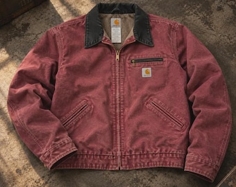 Vintage Carhartt WJ097 RBY Raspberry Detroit Jacke | Damen-Arbeitsjacke aus sandfarbenem Duck-Fleece mit Sherpa-Futter | Y2K Carhartt