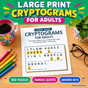 Criptogramas en letra grande para adultos, 100 rompecabezas imprimibles.