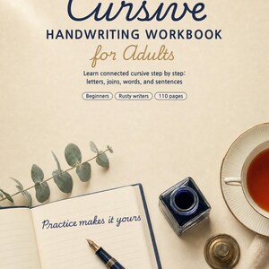 May include: A Cursive Handwriting Workbook for Adults by OPPA Books with 110 pages. The cover features dark blue text, a fountain pen, an inkwell, a cup of tea, and a sprig of eucalyptus. The open notebook inside displays the text Practice makes it yours.