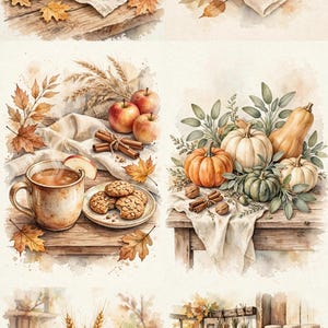 May include: A collection of six watercolour illustrations featuring autumn themes including a lattice-top apple pie, a bundle of cinnamon sticks with star anise, a mug of cider with biscuits, assorted pumpkins, a wheat sheaf, and a rustic kitchen scene.