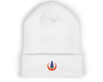 Embroidered Pine & Ember Logo Beanie, Pine Tree Crescent Moon Knit Hat, Nature Lover Gift