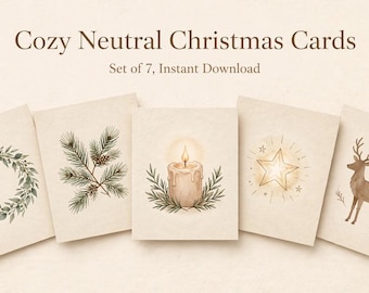 Cozy Neutral Christmas Cards, Minimalist Holiday Greeting Set (7 Designs)