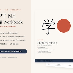 Puede incluir: Un libro de ejercicios de kanji JLPT N5 y un planificador de estudio de 30 días digital que incluye 100 kanji con orden de trazos, vocabulario, frases de ejemplo, cuestionarios, claves de respuestas y tarjetas didácticas. La portada muestra un kanji negro.