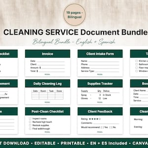 Puede incluir: Un paquete de 19 documentos bilingües para servicios de limpieza que incluye plantillas para listas de verificación, facturas, formularios de admisión, listas de tareas, contratos, registros, rastreadores y presupuestos con encabezados verde oscuro.