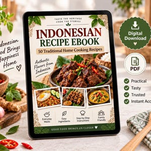 Op de afbeelding: Een digitale tablet met de cover van een Indonesisch recepten-e-book met de titel INDONESIAN RECIPE EBOOK, 50 Traditional Home Cooking Recipes, en afbeeldingen van rundvlees, nasi goreng, saté en curry.