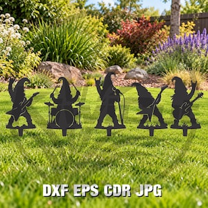 May include: A set of five black metal garden stakes featuring silhouettes of gnomes performing in a rock band, including a guitarist, a drummer, a vocalist, and two additional guitarists, with the text DXF EPS CDR JPG at the bottom.