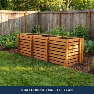May include: A three-bay compost bin constructed from horizontal wooden slats. The structure features three distinct open-top compartments designed for organic waste, with a natural wood finish and a sturdy, rectangular frame design.