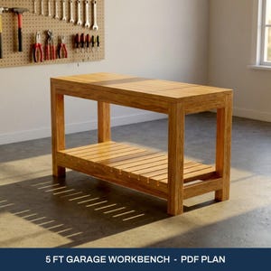 5 ft Garage Workbench Plans - DIY Woodworking PDF, Cut List, 3D Drawings