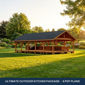 May include: A wooden outdoor kitchen structure with a dark shingled gable roof, featuring a long counter and grill station, presented as an ultimate outdoor kitchen package with 9 PDF plans for construction and assembly.