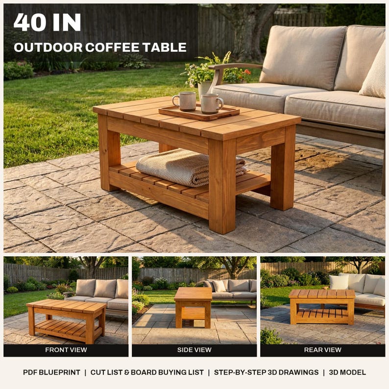 40 in Outdoor Coffee Table Plans - DIY Woodworking PDF, Cut List, 3D ...