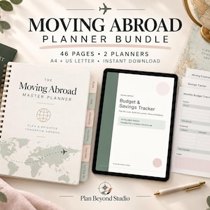 May include: A Moving Abroad Planner Bundle featuring a spiral-bound master planner with a world map cover, a tablet displaying a Budget & Savings Tracker, and loose-leaf checklists. The set includes 46 pages, two planners, and A4 or US Letter formats.